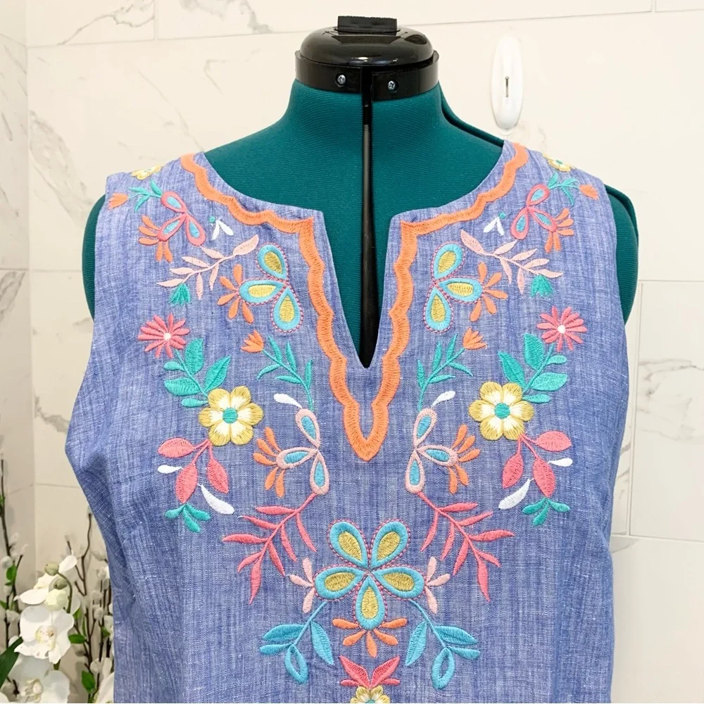 Talbots Dress Linen Blue Embroidered 16 - Picture 6 of 15